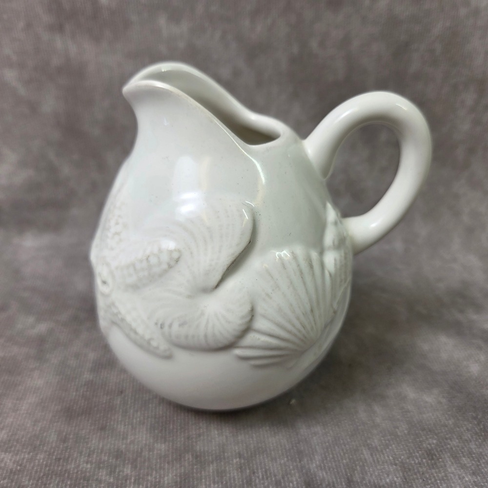Blue Sky Coastal Shell Starfish Ceramic Creamer Pitcher White 2007 Handcrafted